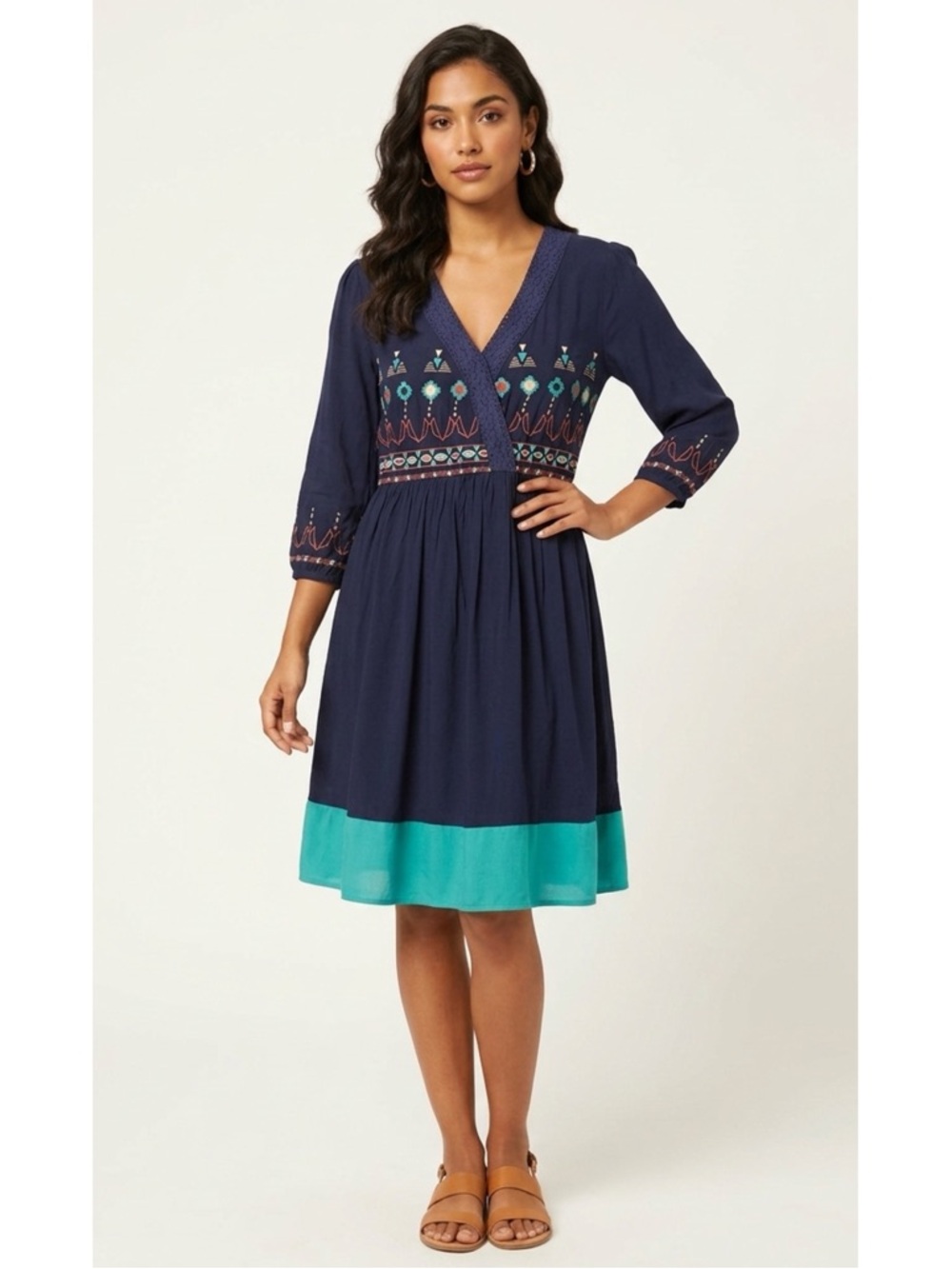 Flying Tomato 100% Rayon Boho Embroidered Crochet Lace Neckline Dress- Small